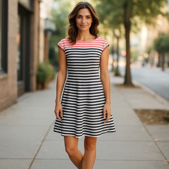 Draper James Dresses & Skirts - Draper James Women's Blue Pink White Stripe Ponte Knit Fit & Flare Dress Size M
